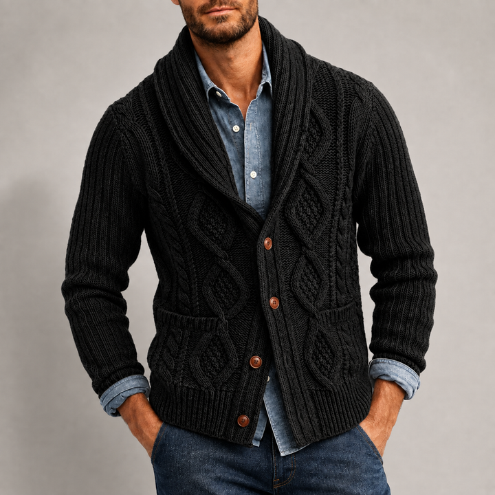 Barney - Men's Cable Shawl Collar Button-Front Cardigan