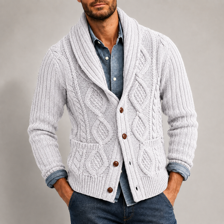 Barney - Men's Cable Shawl Collar Button-Front Cardigan