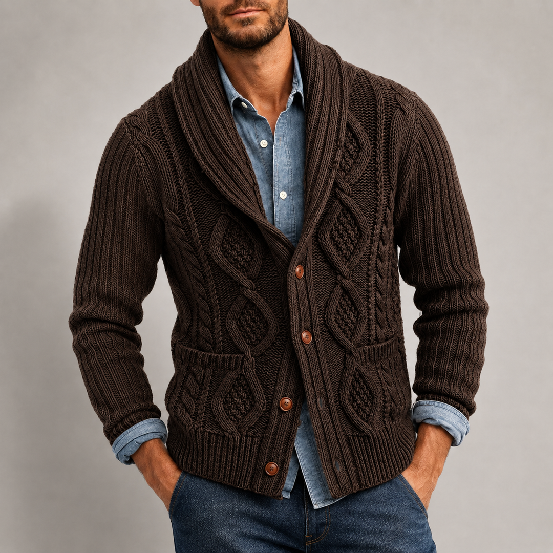 Barney - Men's Cable Shawl Collar Button-Front Cardigan