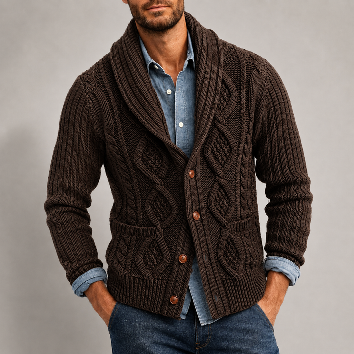 Barney - Men's Cable Shawl Collar Button-Front Cardigan