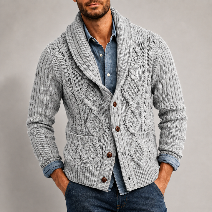 Barney - Men's Cable Shawl Collar Button-Front Cardigan