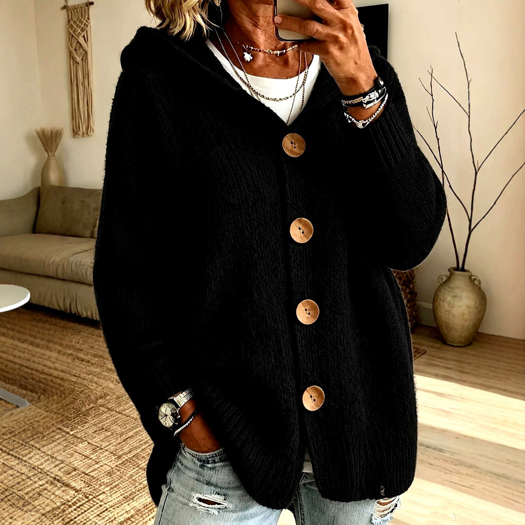 Bernadette - Women's Oversized Hooded Button-Front Knit Cardigan