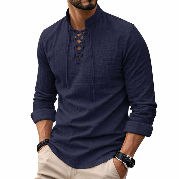 Calvin - Men's Lace-Up Front Stand Collar Shirt