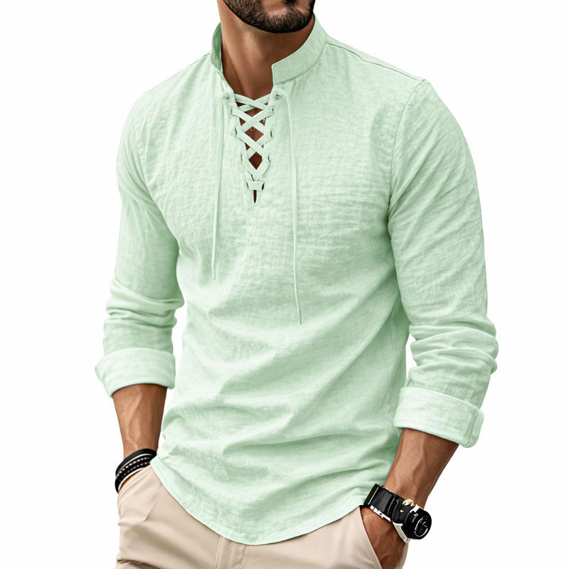 Calvin - Men's Lace-Up Front Stand Collar Shirt