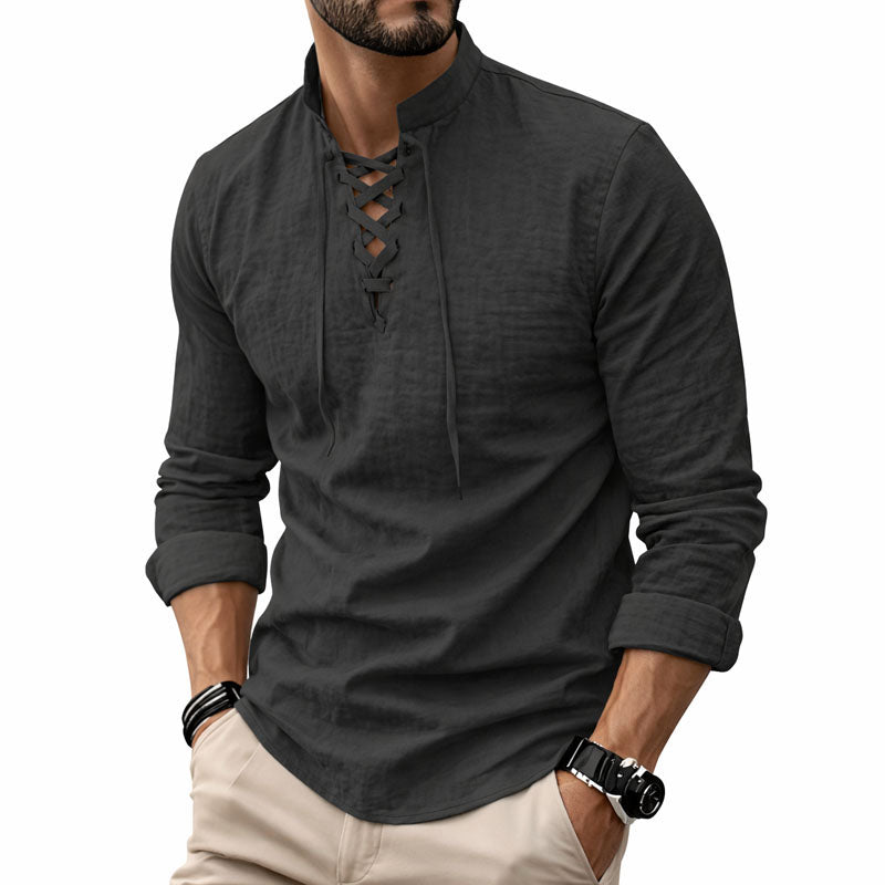 Calvin - Men's Lace-Up Front Stand Collar Shirt