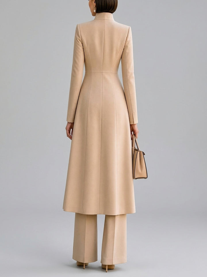 Carla - Women's Stand-Collar Long Coat & High-Waist Flare Pants Suit