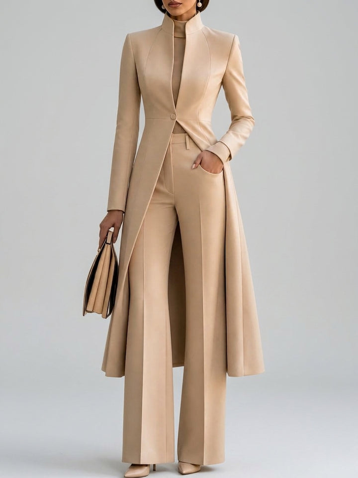 Carla - Women's Stand-Collar Long Coat & High-Waist Flare Pants Suit