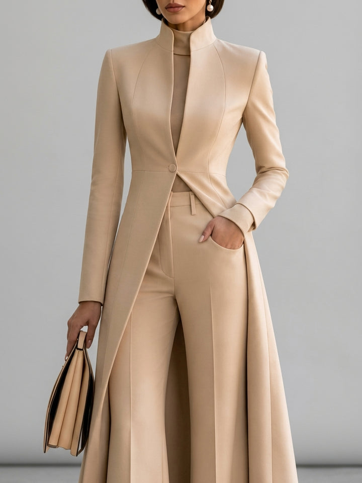 Carla - Women's Stand-Collar Long Coat & High-Waist Flare Pants Suit