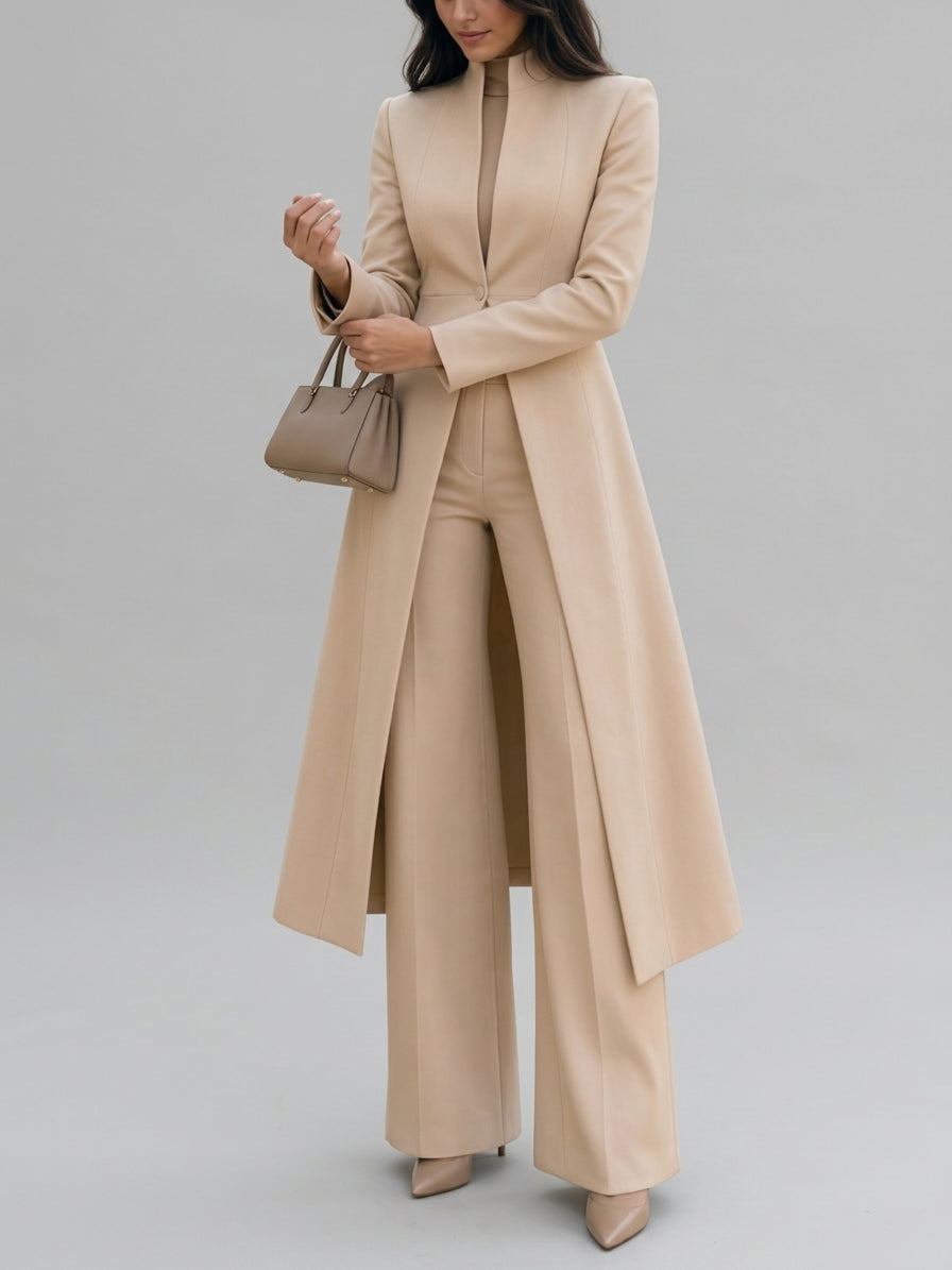 Carla - Women's Stand-Collar Long Coat & High-Waist Flare Pants Suit