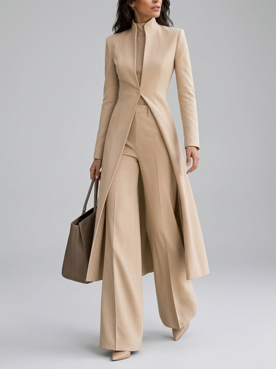 Carla - Women's Stand-Collar Long Coat & High-Waist Flare Pants Suit