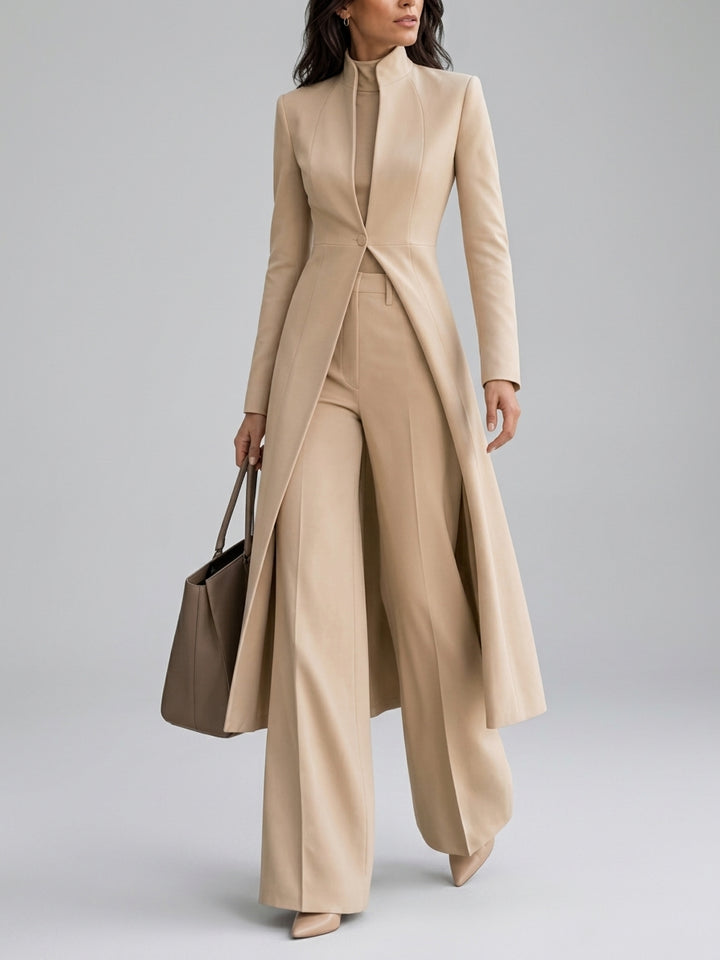 Carla - Women's Stand-Collar Long Coat & High-Waist Flare Pants Suit