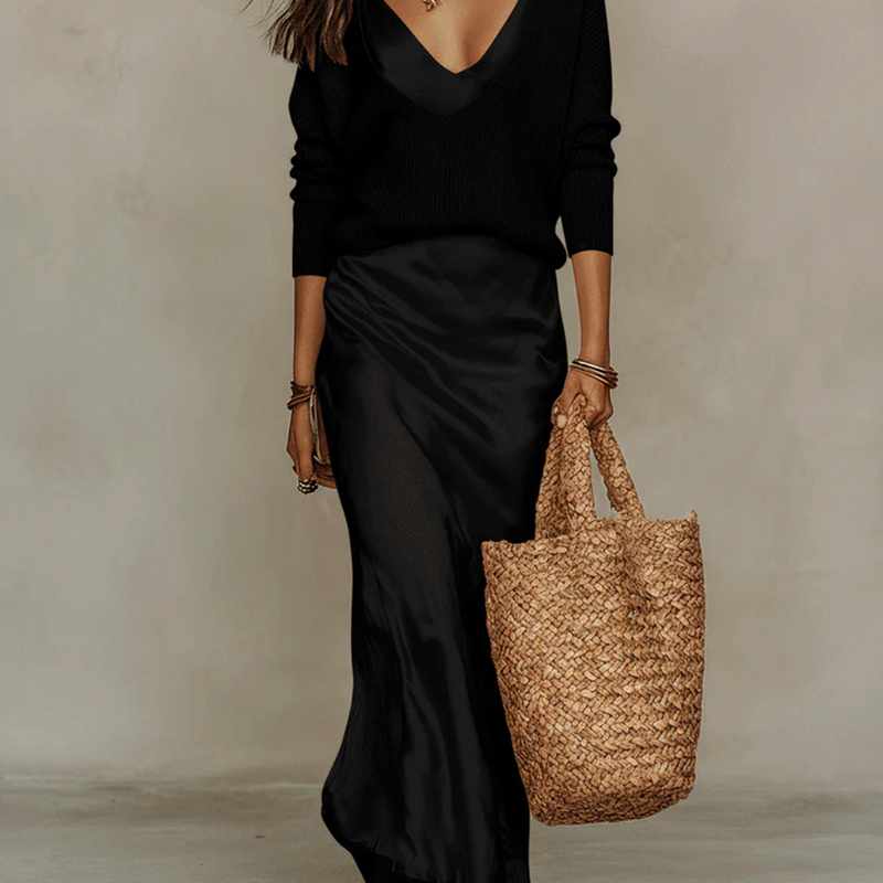Carmela - Women's Two-Piece Satin Maxi Dress & Sweater Set