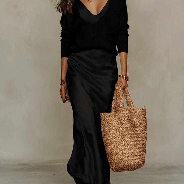 Carmela - Women's Two-Piece Satin Maxi Dress & Sweater Set