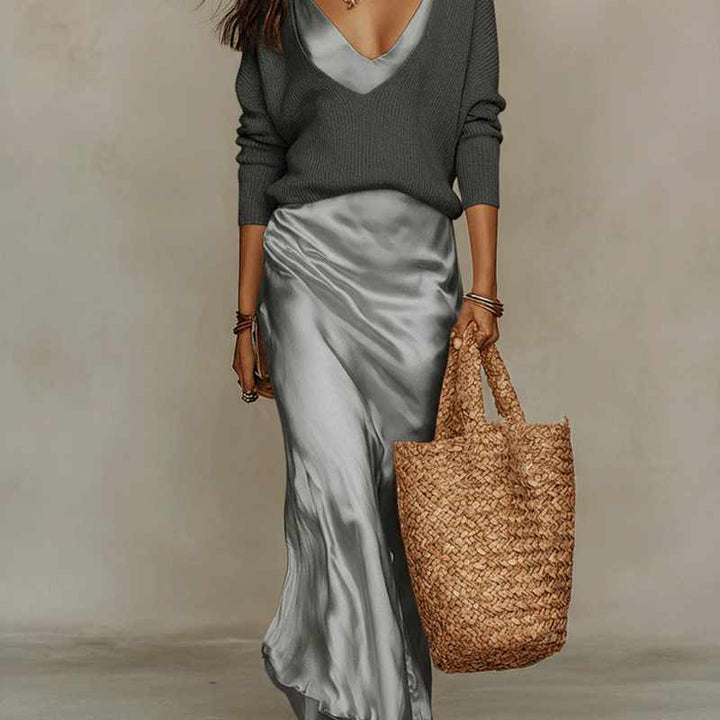 Carmela - Women's Two-Piece Satin Maxi Dress & Sweater Set