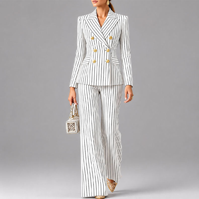 Carrie - Women's Pinstripe Double-Breasted Pantsuit Set