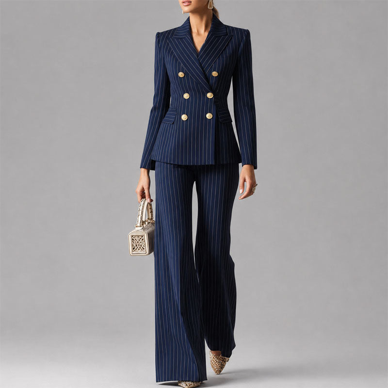 Carrie - Women's Pinstripe Double-Breasted Pantsuit Set