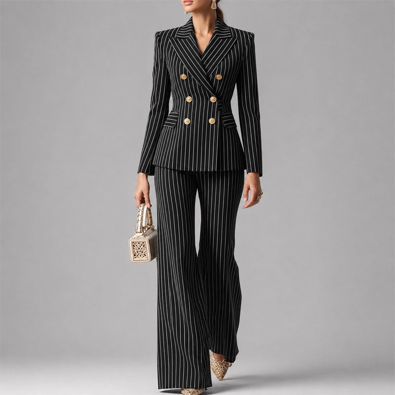 Carrie - Women's Pinstripe Double-Breasted Pantsuit Set