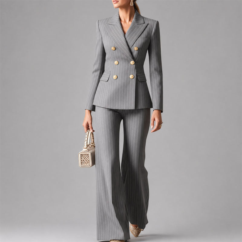 Carrie - Women's Pinstripe Double-Breasted Pantsuit Set