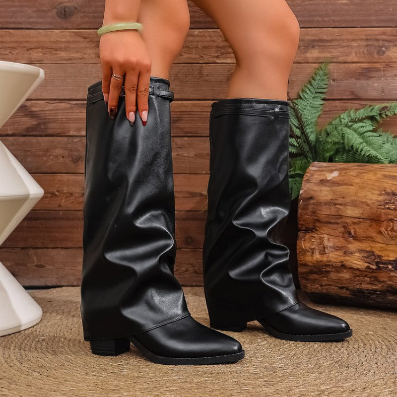 Cassandra - Women's Pointed-Toe Knee-High Boots with Metal Hardware