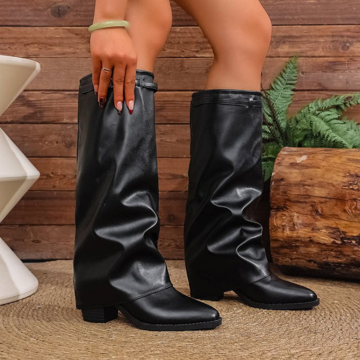 Cassandra - Women's Pointed-Toe Knee-High Boots with Metal Hardware