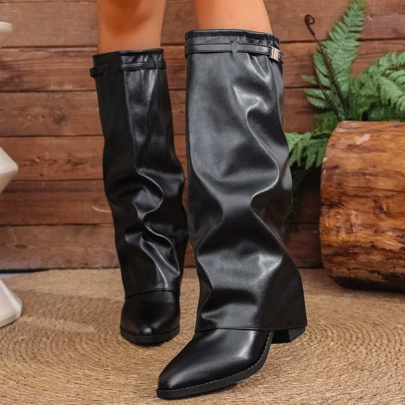 Cassandra - Women's Pointed-Toe Knee-High Boots with Metal Hardware
