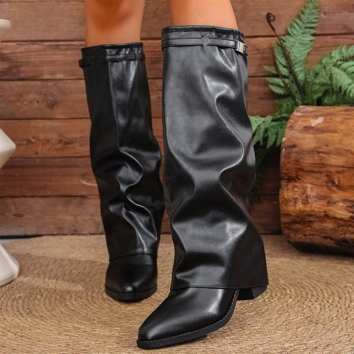 Cassandra - Women's Pointed-Toe Knee-High Boots with Metal Hardware