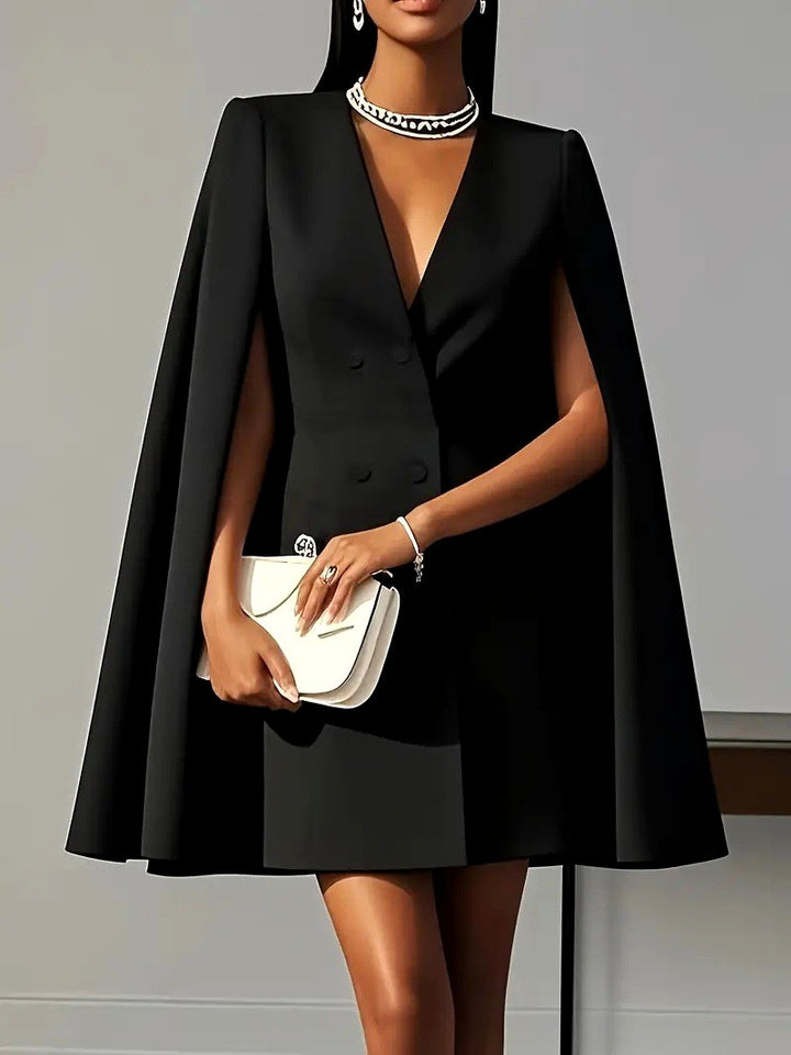Charlie - Women's V-Neck Cape Sleeve Button Blazer Dress 3