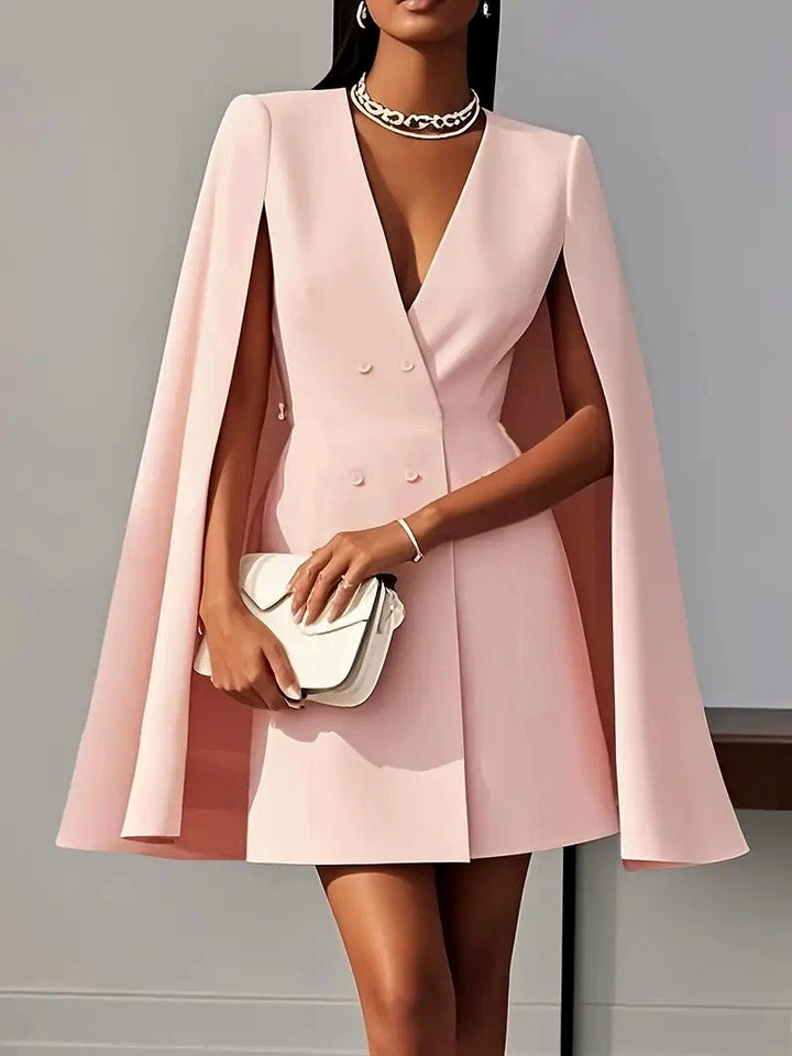 Charlie - Women's V-Neck Cape Sleeve Button Blazer Dress 5