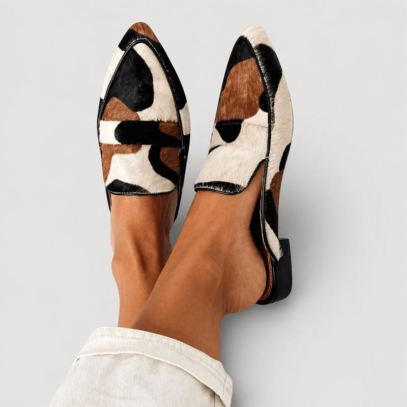 Charlotte - Women's Cow Print Pointed Toe Mules