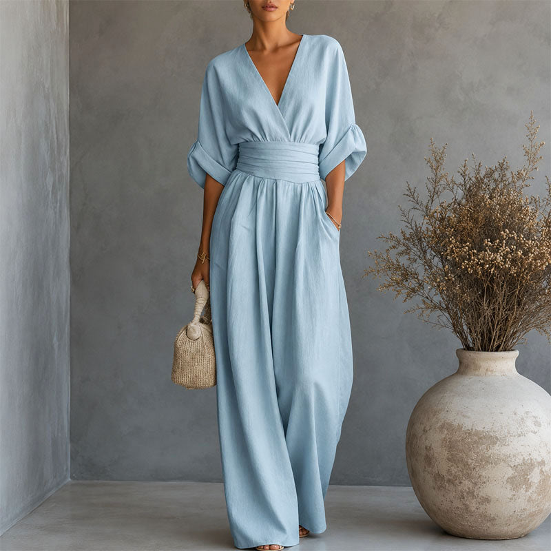 Cheryl - Women's Draped Waist Wide-Leg Jumpsuit