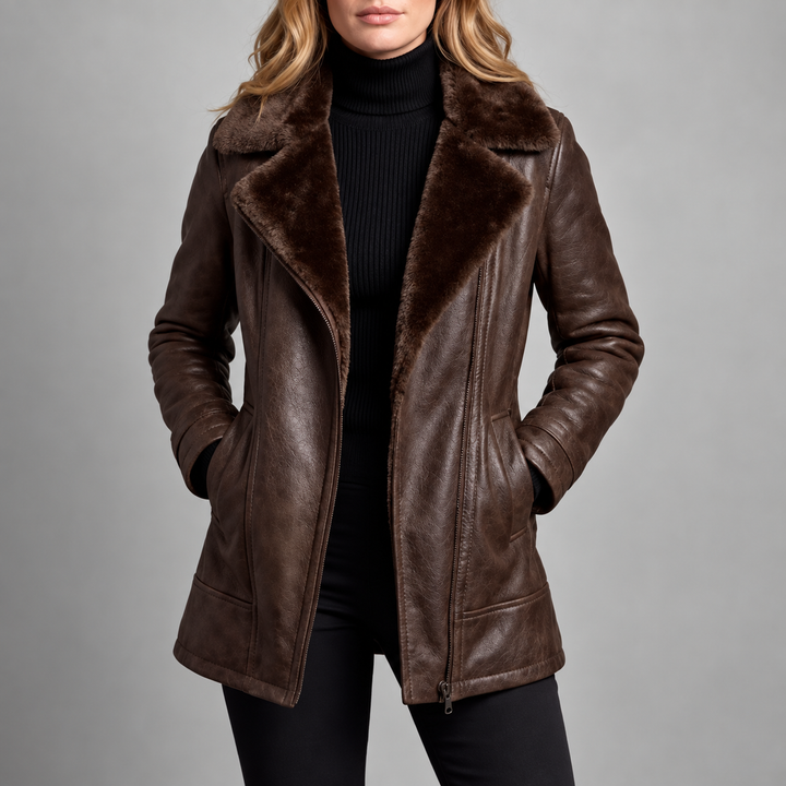 Cheryl - Women's Faux Leather Faux Fur Collar Jacket