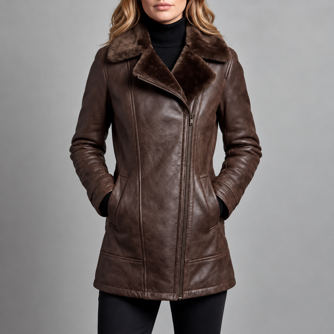 Cheryl - Women's Faux Leather Faux Fur Collar Jacket
