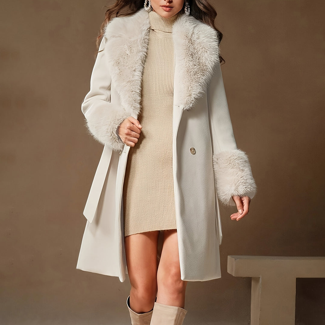 Chesca - Women's Faux Fur Trim Double-Breasted Coat