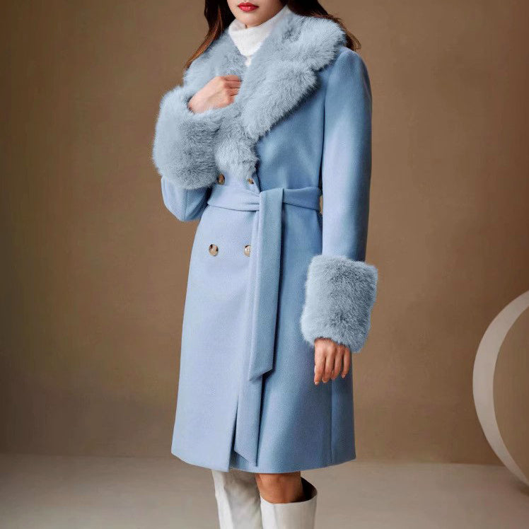 Chesca - Women's Faux Fur Trim Double-Breasted Coat