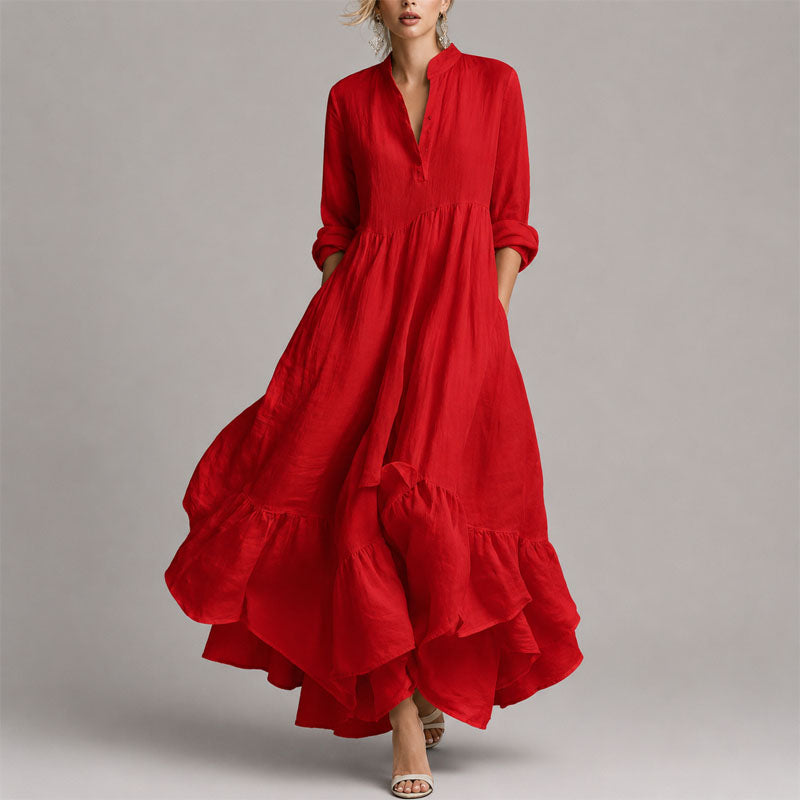 Chloe - Women's V-Neck Long Sleeve Ruffle Hem Maxi Dress