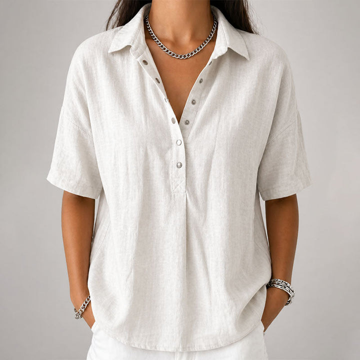 Chloe - Women's Loose-Fit Short Sleeve Henley Blouse