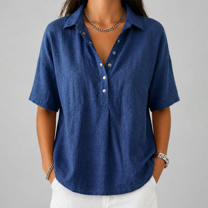 Chloe - Women's Loose-Fit Short Sleeve Henley Blouse