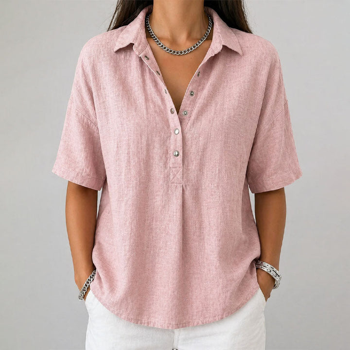 Chloe - Women's Loose-Fit Short Sleeve Henley Blouse