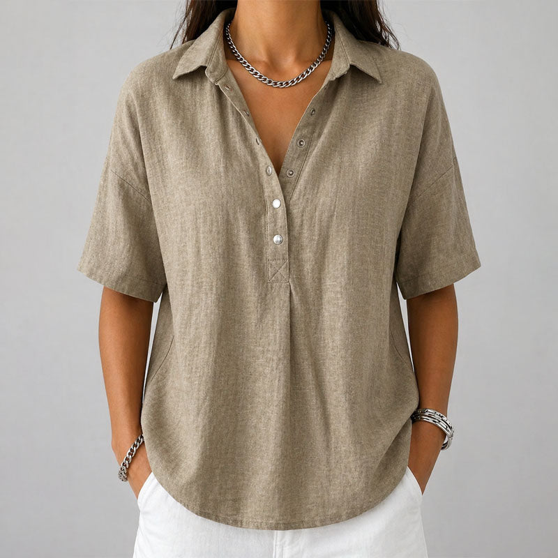 Chloe - Women's Loose-Fit Short Sleeve Henley Blouse