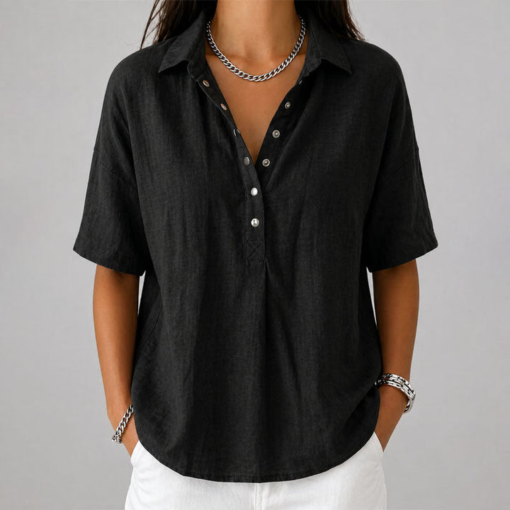 Chloe - Women's Loose-Fit Short Sleeve Henley Blouse