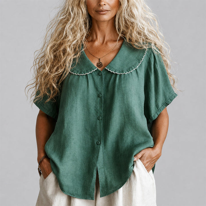 Clara - Women's Scalloped Collar Linen Blend Button Shirt