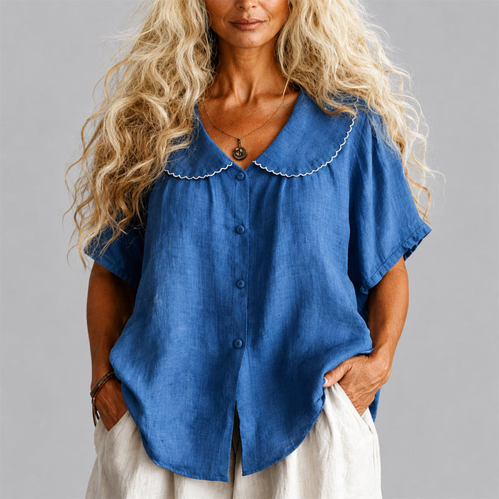 Clara - Women's Scalloped Collar Linen Blend Button Shirt