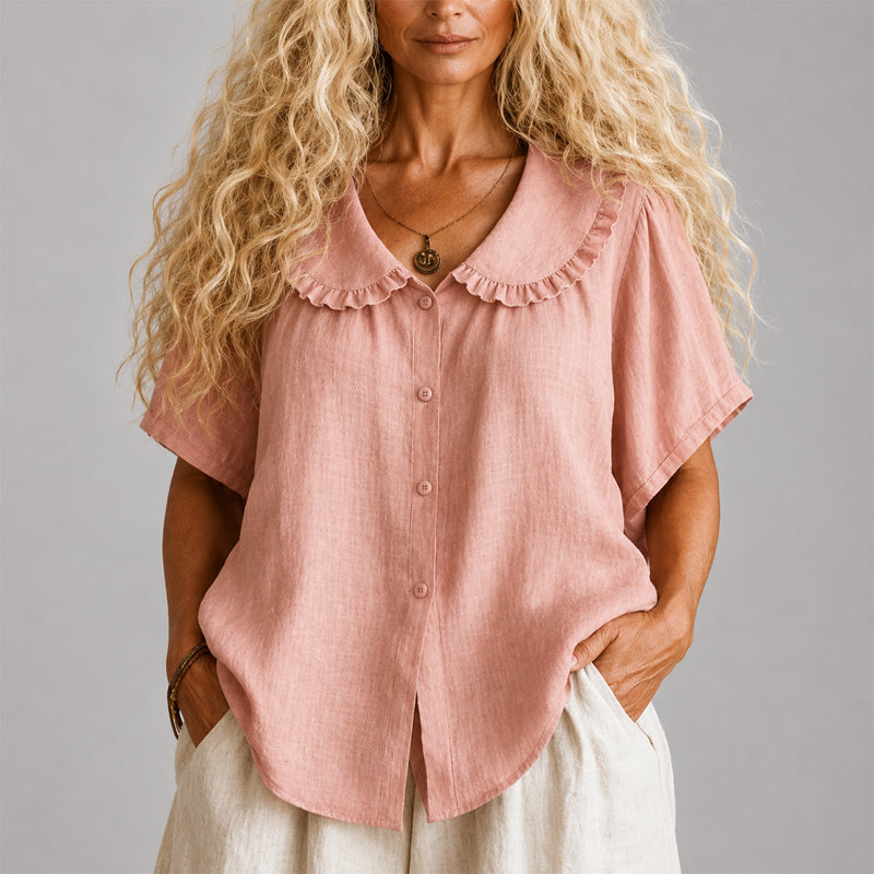 Clara - Women's Scalloped Collar Linen Blend Button Shirt