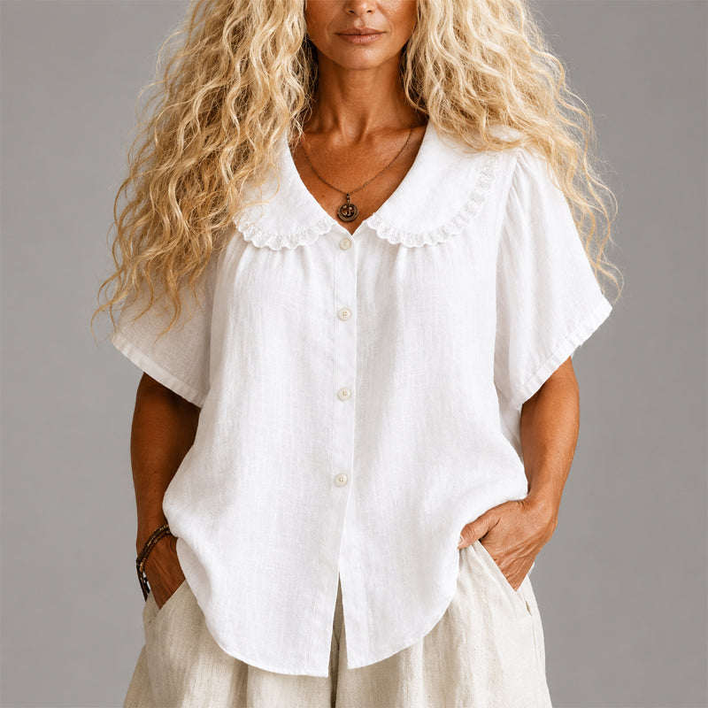 Clara - Women's Scalloped Collar Linen Blend Button Shirt