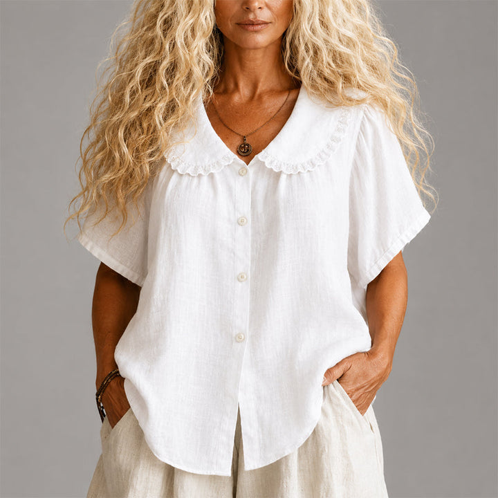 Clara - Women's Scalloped Collar Linen Blend Button Shirt