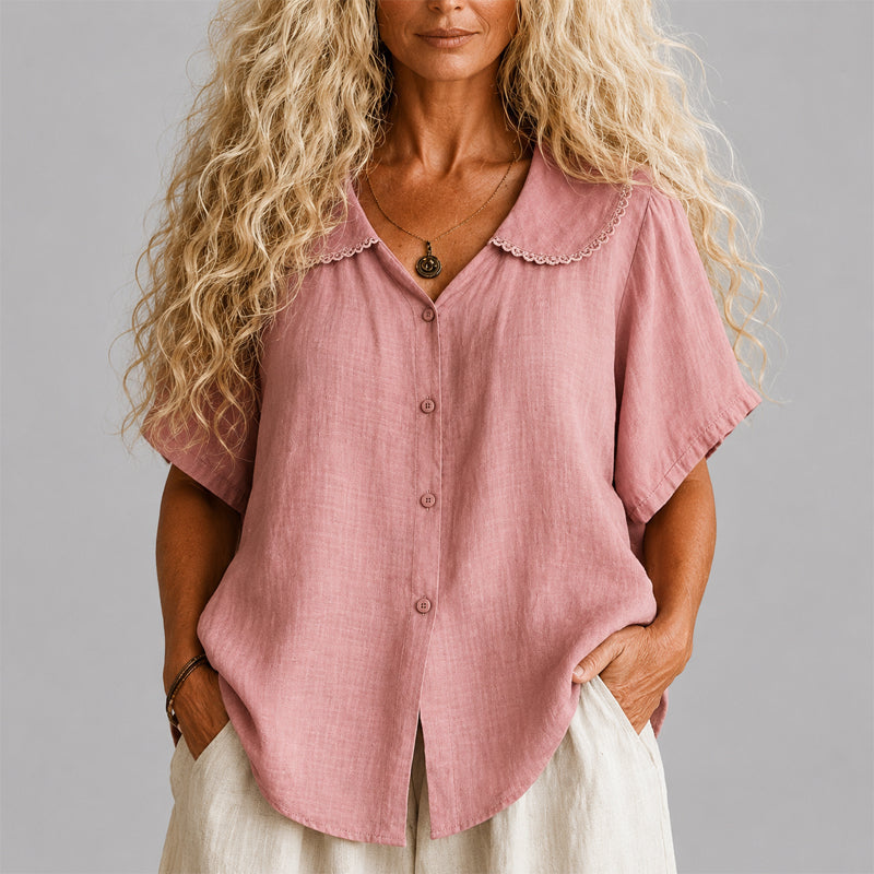 Clara - Women's Scalloped Collar Linen Blend Button Shirt