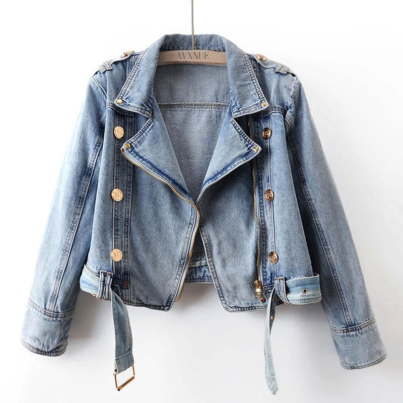 Clara Duval Belted Cropped Denim Jacket