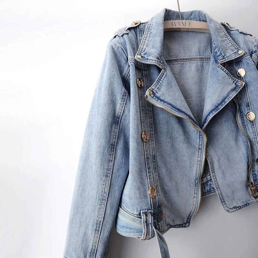 Clara Duval Belted Cropped Denim Jacket