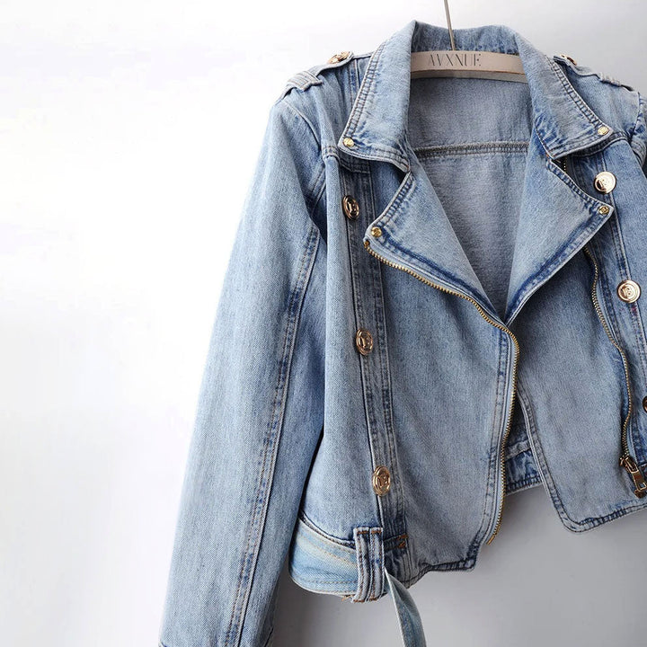 Clara Duval Belted Cropped Denim Jacket