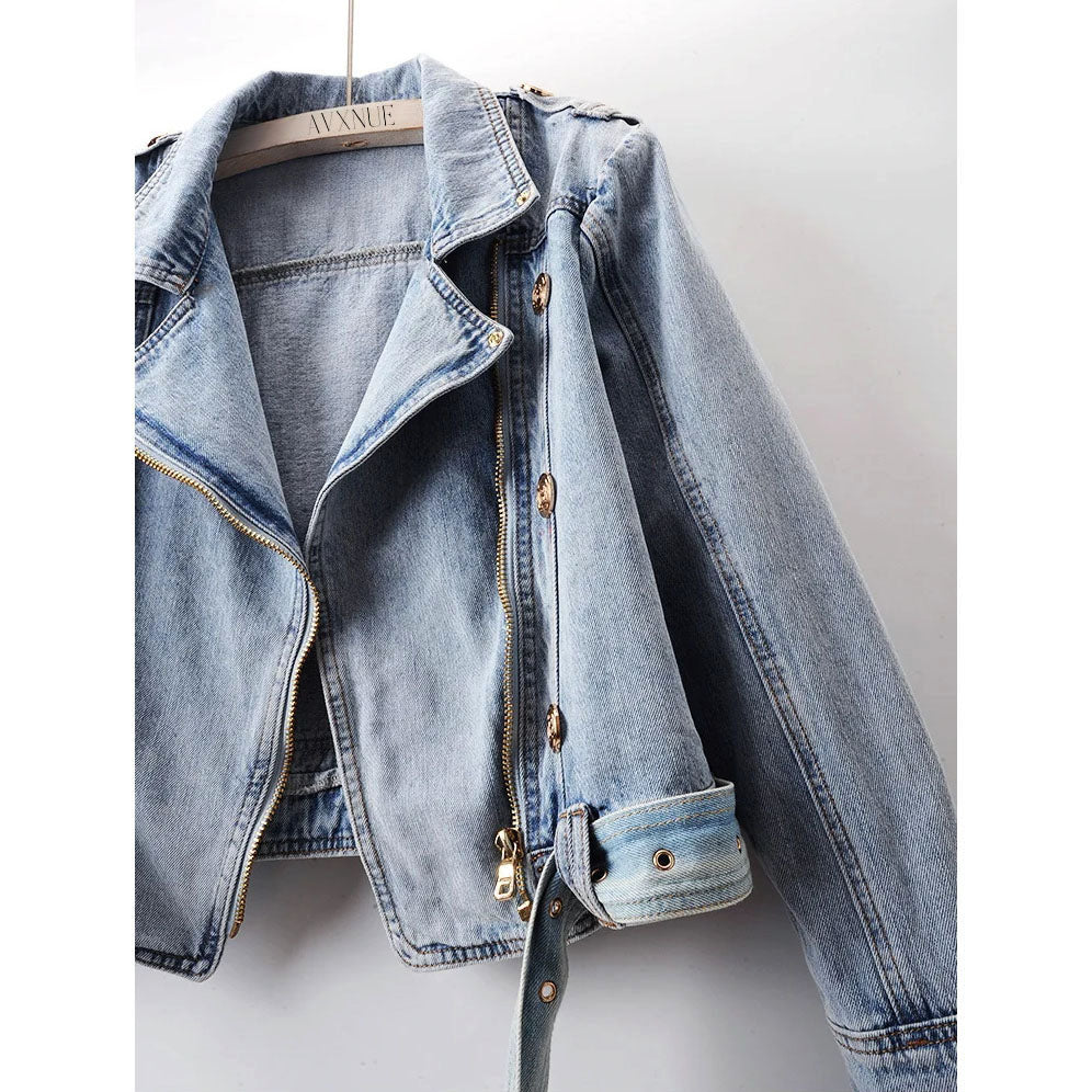 Clara Duval Belted Cropped Denim Jacket